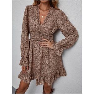 Boho Camel Dalmatian Dot V neck Ruffle Sleeve Mini Dress